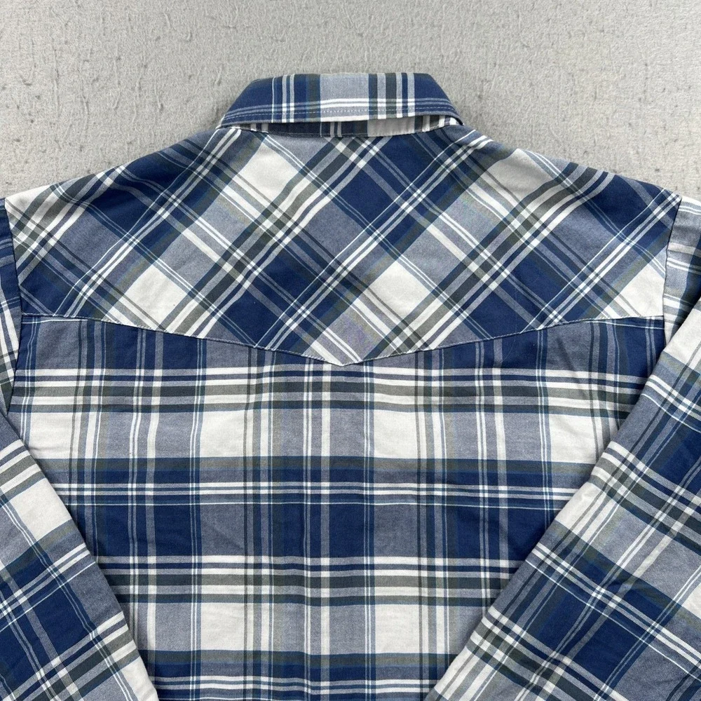 Ely Cattleman Pearl Snap Shirt Mens Large Blue Plaid Wrinkle Resistant